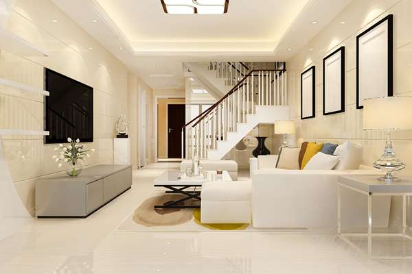 salon avec mobilier et murs blancs