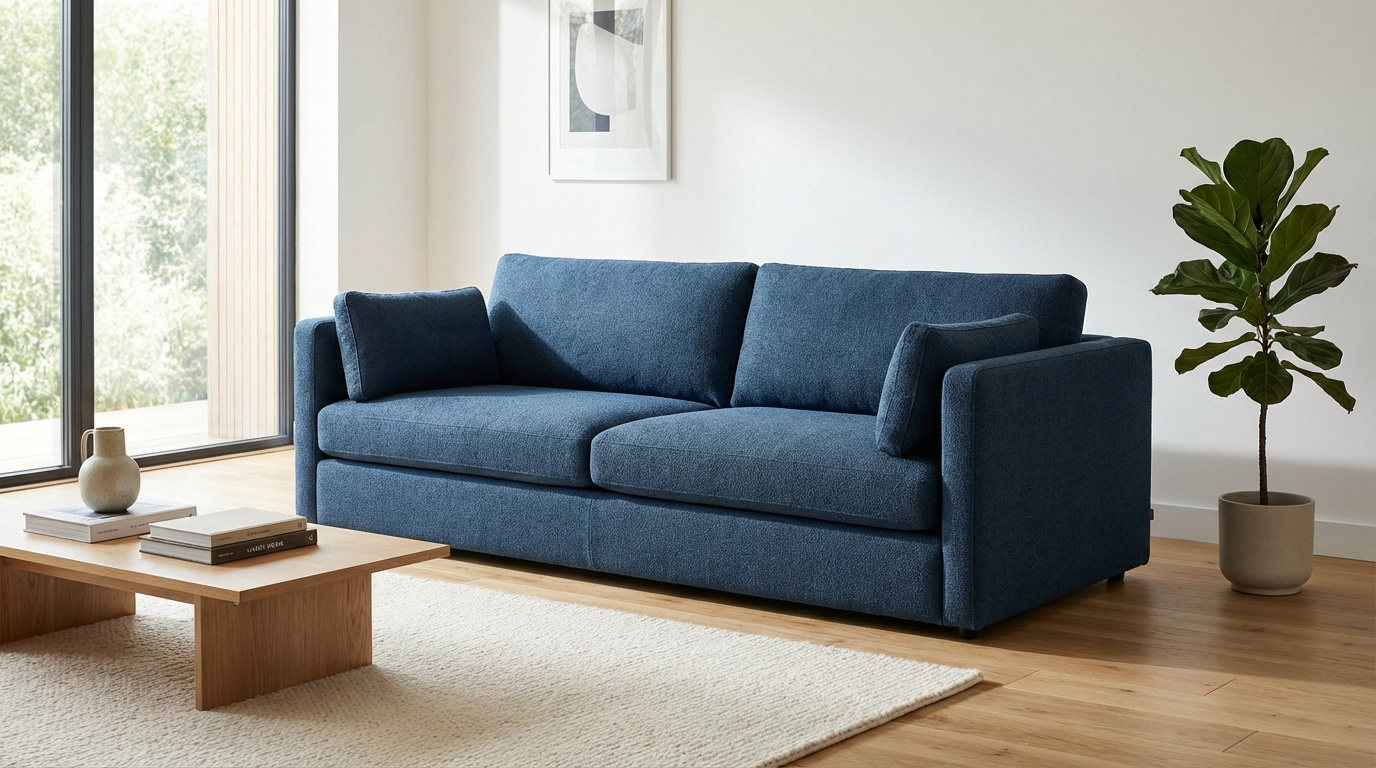 avis miliboo canape bleu moderne dans un salon lumineux