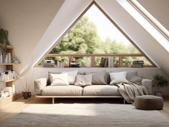 attic space has been transformed into a cozy living area